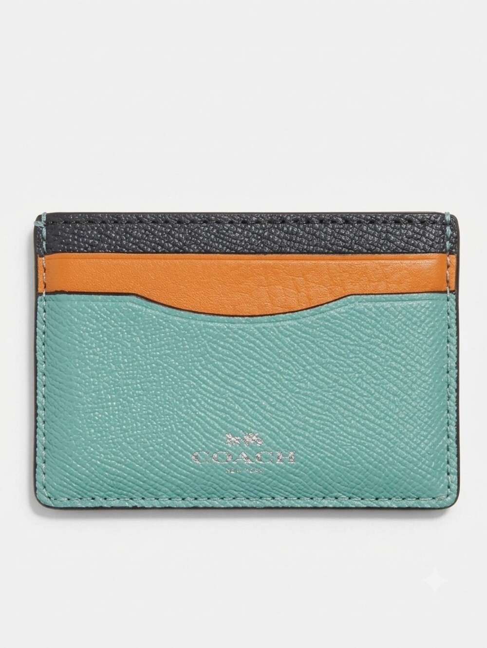 Coach Colorblock Leather Card Holder in Teal with Orange and Navy